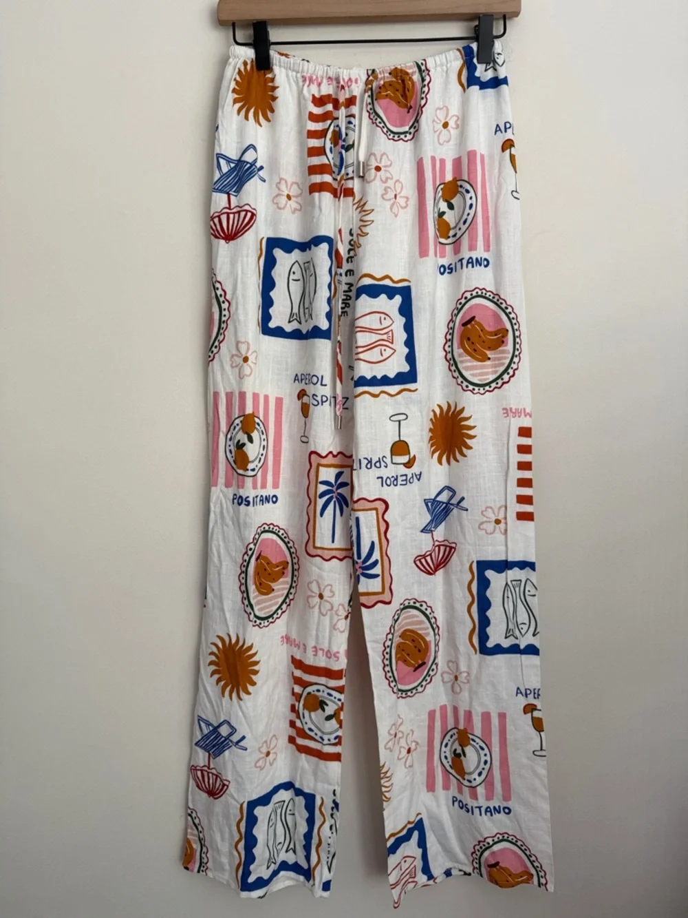 Label Of Love Anthropologie Aperol print novelty Wide Leg Linen Blend Pants S - Picture 1 of 5